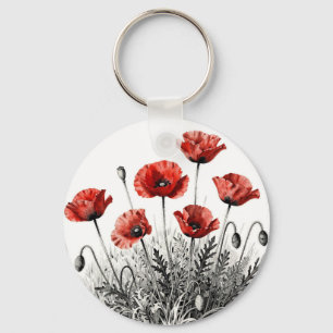 Llavero Pradera de flores de amapola rojas vibrantes