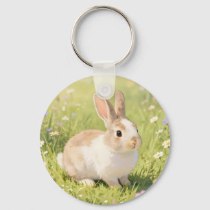 Llavero Prado de flores silvestres con adorable conejo esp