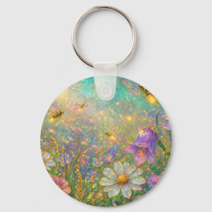 Llavero Prado de flores silvestres con libélulas brillante