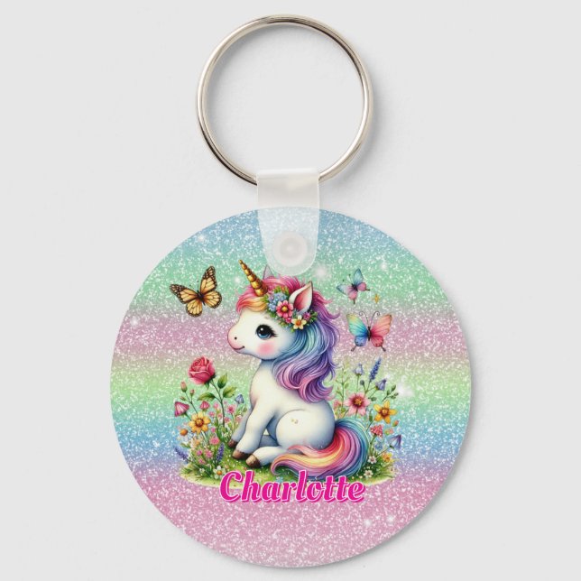 Llavero Prado de flores silvestres de unicornio con brillo (Anverso)