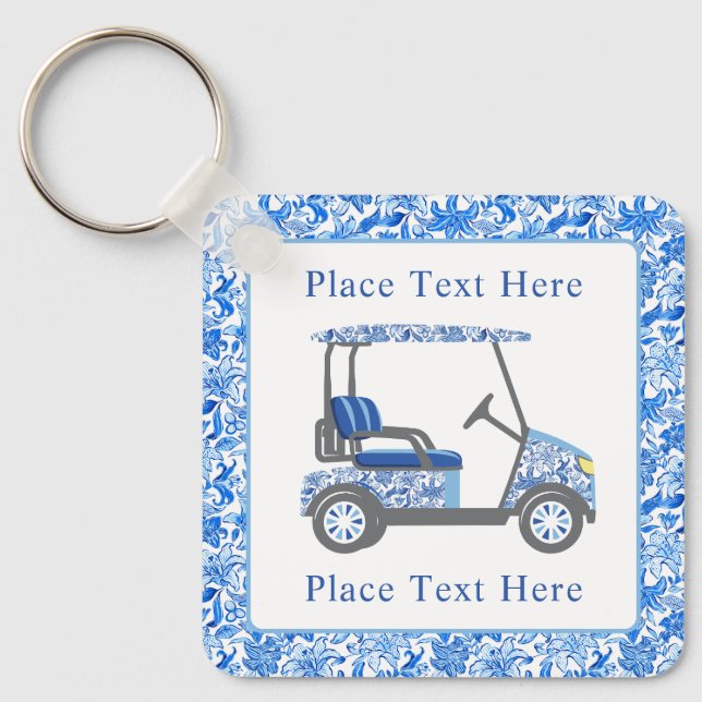 Llavero Preppy Blue and White Flowers Golf Cart (Anverso)