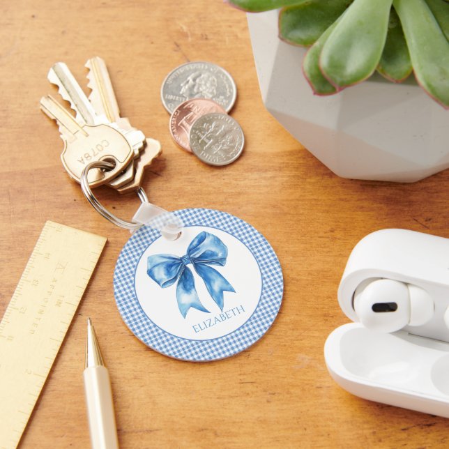 Llavero Preppy Blue y White Gingham y Bow (Escritorio )