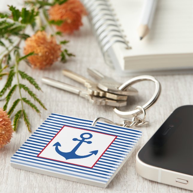 Llavero Preppy Nautical Stripes and Anchor Personalized (Frente Derecha)