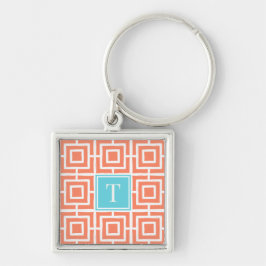 Llavero Preppy Square Lattice Monogram - Coral & Turquoise