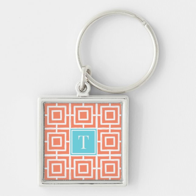 Llavero Preppy Square Lattice Monogram - Coral & Turquoise (Frente)