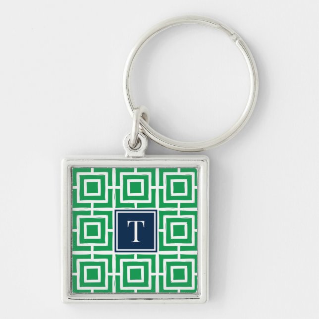 Llavero Preppy Square Lattice Monogram - Green & Navy (Frente)