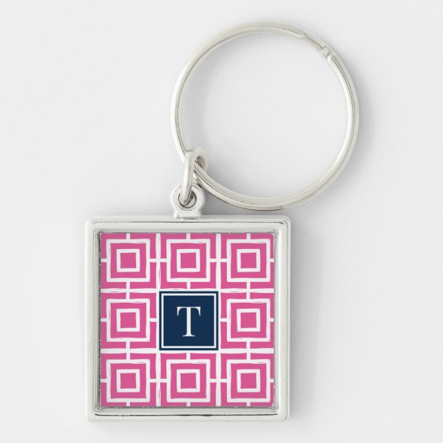 Llavero Preppy Square Lattice Monogram - Hot Pink & Navy (Frente)