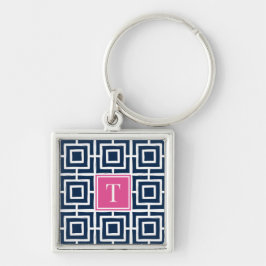 Llavero Preppy Square Lattice Monogram - Navy & Hot Pink