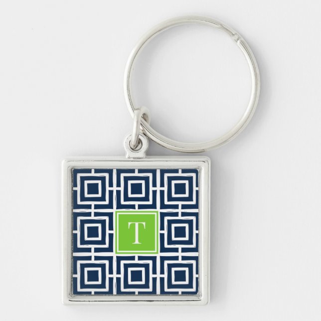 Llavero Preppy Square Lattice Monogram  - Navy & Lime (Frente)