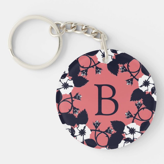 Llavero Pretty Modern Floral Coral Pink Monogram (Frente)