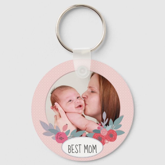 Llavero Pretty Pink Floral Custom Photo Best Mom (Anverso)