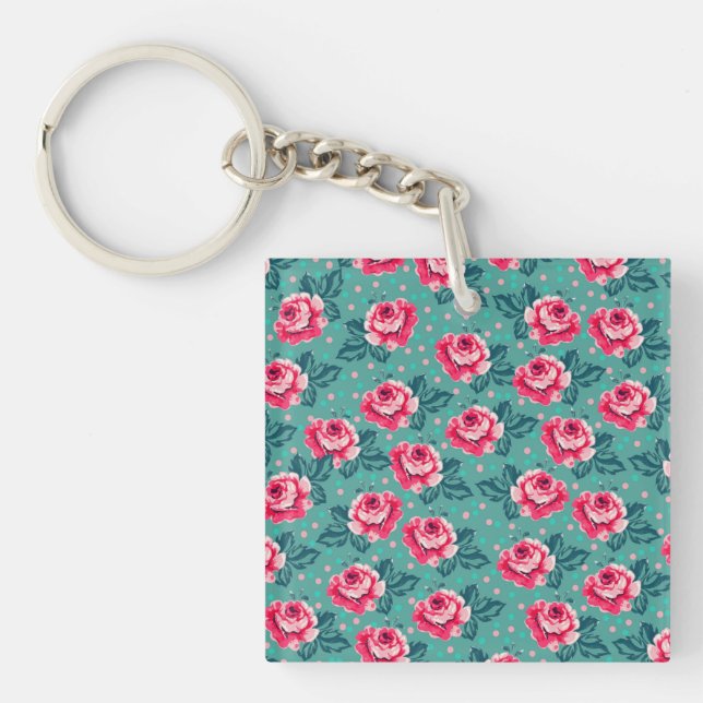Llavero Pretty Pink Roses and Polka Dot Pattern on Teal (Frente)