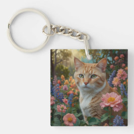 Llavero Pretty white orange cat in floral garden
