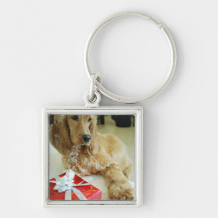 Llavero Primer de un perro con un regalo