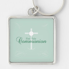 Llavero Primera comunión sagrada, guión en verde suave