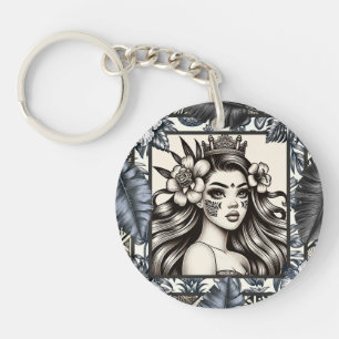 Llavero Princesa Polinesia Floral Tribal Azul