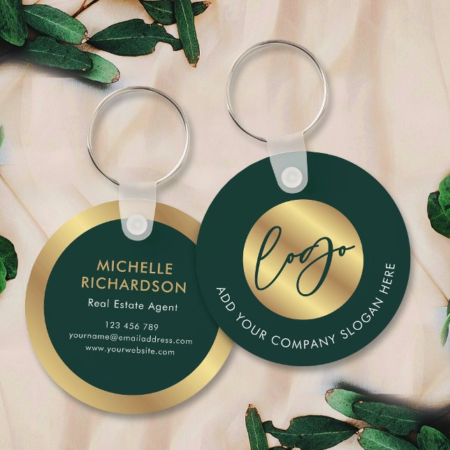 Llavero Promocion de empresas inmobiliarias con logotipo v (Emerald greed and gold promotional branded business logo keyring with space for your contact info)