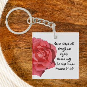 Llavero Proverbios 31:25 Personalizado Rosa Roja Cristiano