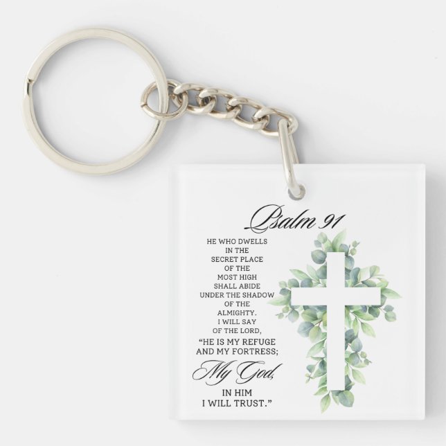 Llavero Psalm 91:1-2 Religious Cross Greenery Bible Verse (Frente)