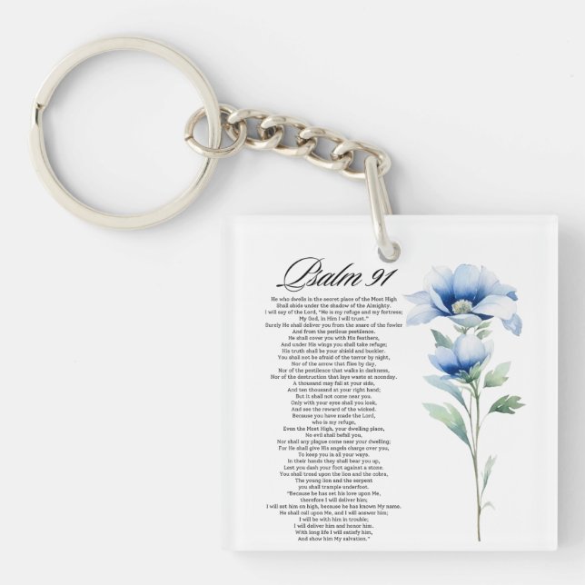 Llavero Psalm 91 Watercolor Blue Flower Bible Scriptures (Frente)