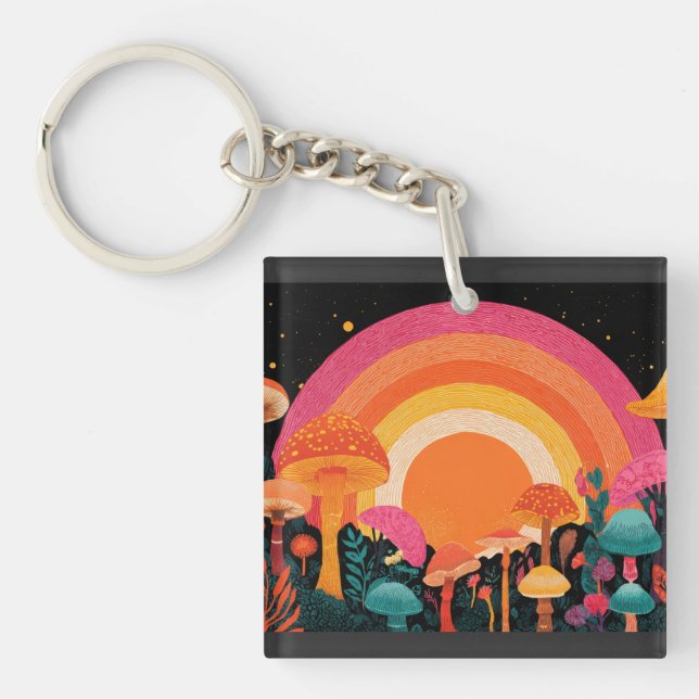 Llavero Psychedelic Mushroom Sunset – Retro Fantasy Nature (Frente)