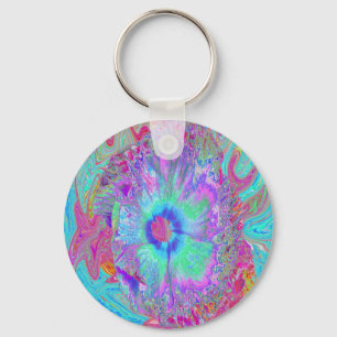 Llavero Psychedelic Retro Rainbow Blue Hibiscus