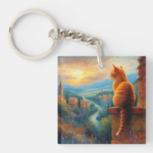 Llavero Puesta de sol toscana con un gato jengibre