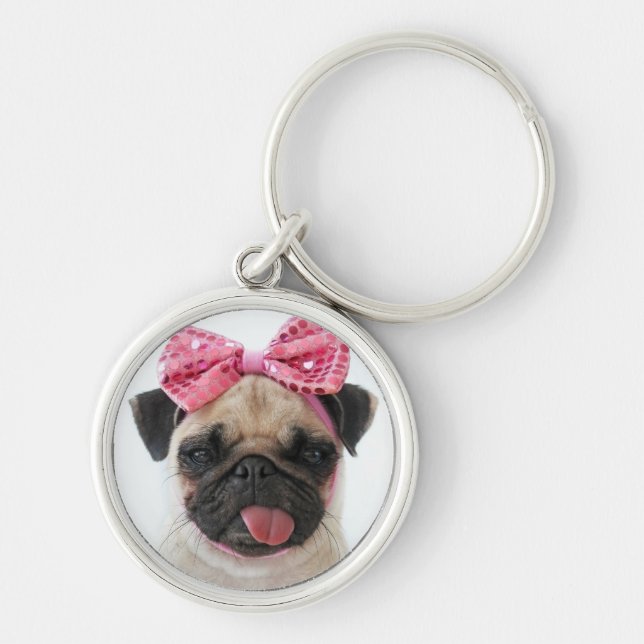 Llavero Pug con arco rosado (Frente)