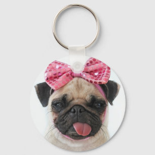 Llavero Pug con arco rosado
