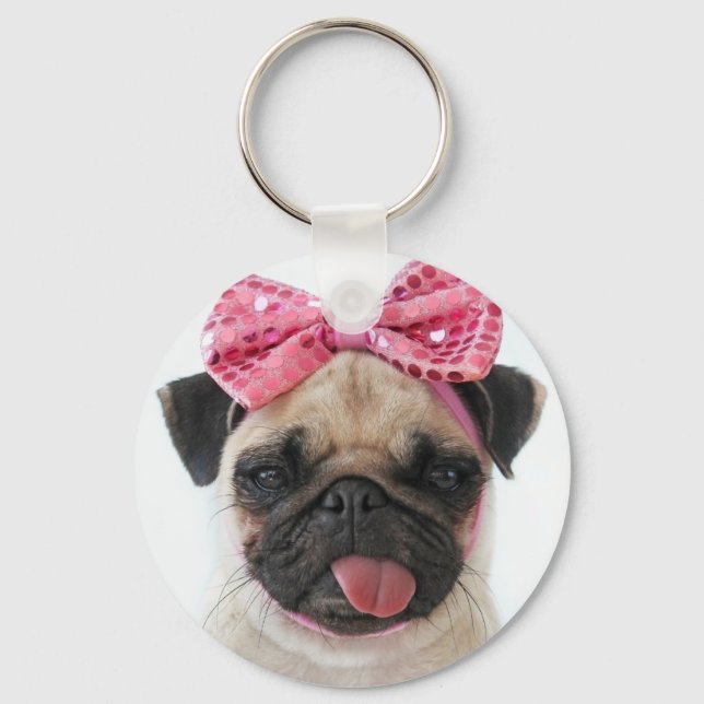 Llavero Pug con arco rosado (Anverso)