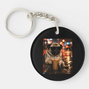 Llavero Pug Divertido Bebiendo Café Helado Regalo para Ama