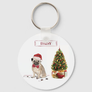 Llavero Pug Divertido Perro de Navidad con Árbol
