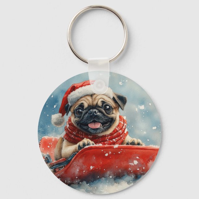 Llavero Pug Dog en la manga deja que nieve Navidades (Anverso)