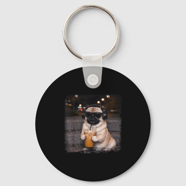Llavero Pug drinking iced coffee lover humor funny dog mem (Anverso)
