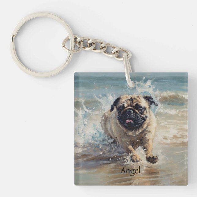 Llavero Pug feliz en el personalizable de la playa (Frente)