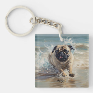 Llavero Pug Feliz en la Playa personalizable