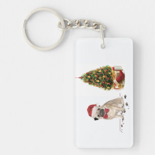 Llavero Pug graciosos Navidades perro con árbol