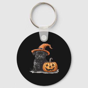 Llavero Pug Negro Con Gorra De Brujas Y Calabaza Halloween