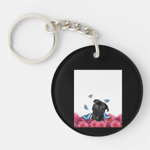 Llavero Pug Negro Con Mariposas Azules Y Gerberas