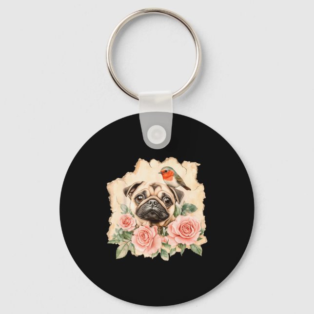 Llavero Pug pájaro perro lindo pug divertido  (Anverso)