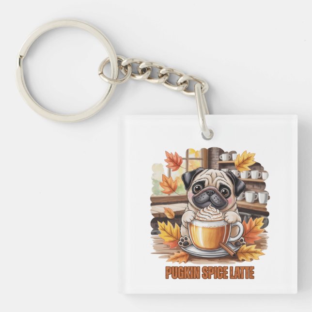 Llavero Pugkin Spice Latte – Cute Autumn Pug Coffee Design (Frente)