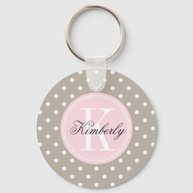 Llavero Punto de Polka Taupe con monograma rosa (Anverso)