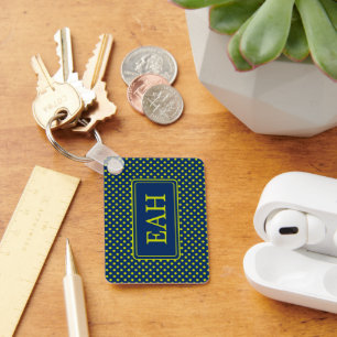 Llavero Punto de polka verde animado sobre monograma azul 