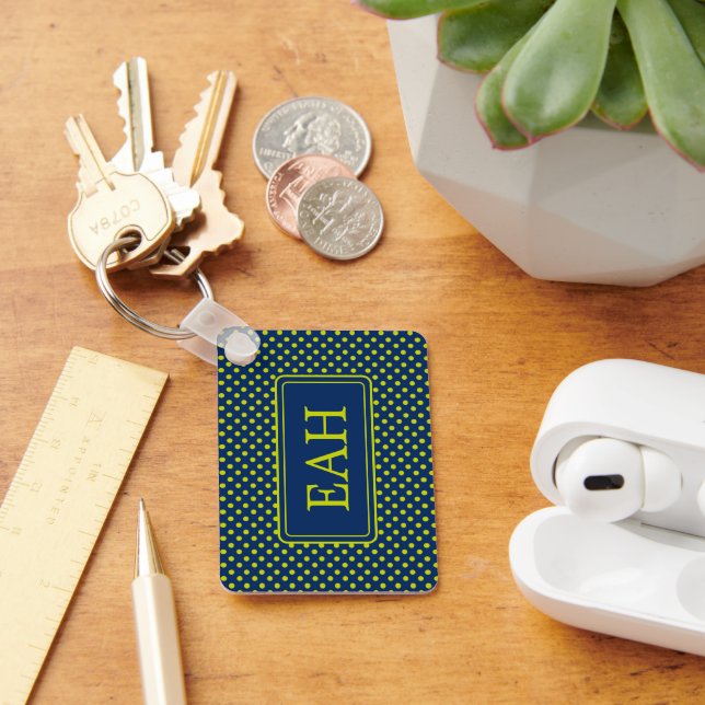 Llavero Punto de polka verde animado sobre monograma azul  (Escritorio )