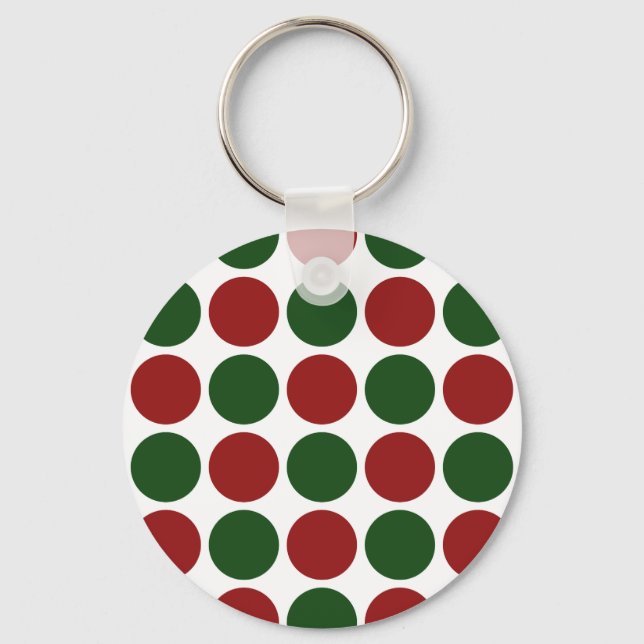 Llavero Puntos de Polka Rojo y Verde sobre Blanco (Anverso)