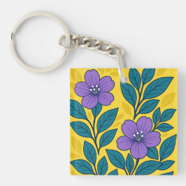 Llavero Purple Flowers & Teal Leaves on Yellow Background