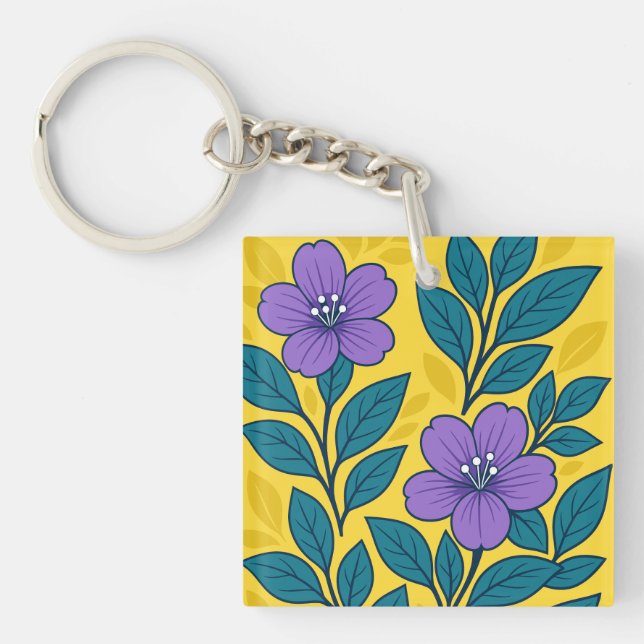 Llavero Purple Flowers & Teal Leaves on Yellow Background (Frente)