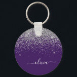 Llavero Purple Silver Glitter Girly Monogram Name<br><div class="desc">Purple and Silver Sparkle Glitter Script Monogram Name Keychains (Key Chain). This makes the perfect sweet 16 birthday,  wedding,  bridal shower,  anniversary,  baby shower or bachelorette party gift for someone that loves glam luxury and chic styles.</div>