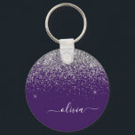 Llavero Purple Silver Glitter Girly Monogram Name<br><div class="desc">Purple and Silver Sparkle Glitter Script Monogram Name Keychains (Key Chain). This makes the perfect sweet 16 birthday,  wedding,  bridal shower,  anniversary,  baby shower or bachelorette party gift for someone that loves glam luxury and chic styles.</div>