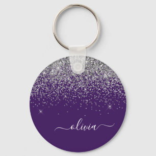 Llavero Purple Silver Glitter Girly Monogram Name